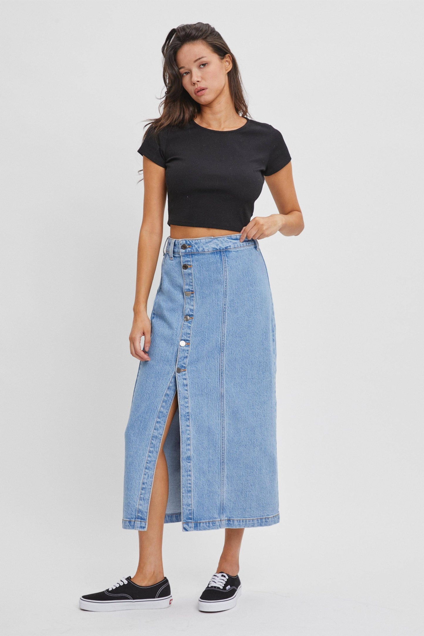 High Rise Midi Skirt with Button Up Slit